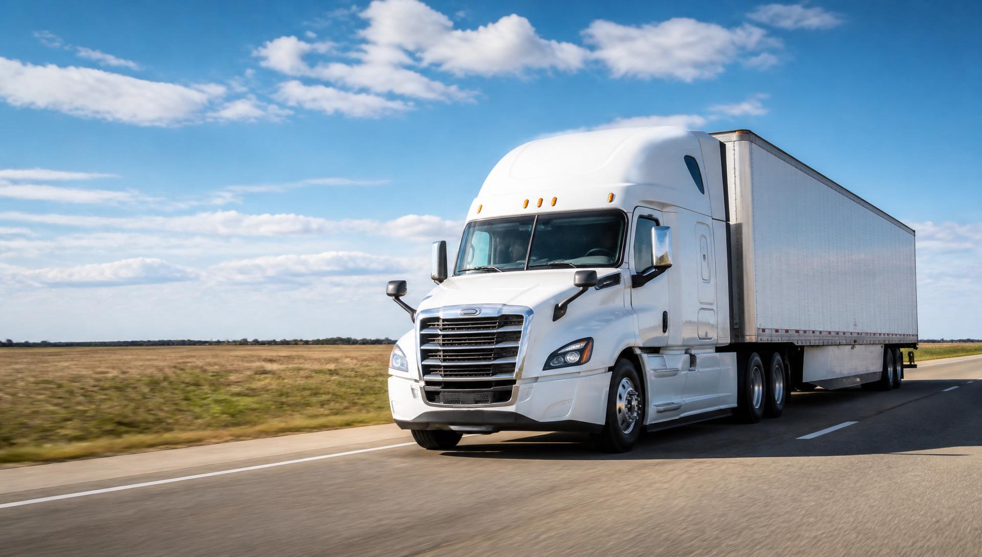 White semi truck with trailer driving on an open highway in daylight